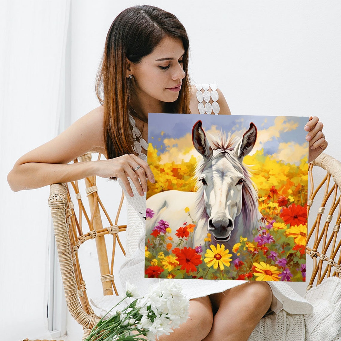 White Donkey In Wildflower Field Sunny Farmhouse Animal Canvas Poster - Image 5