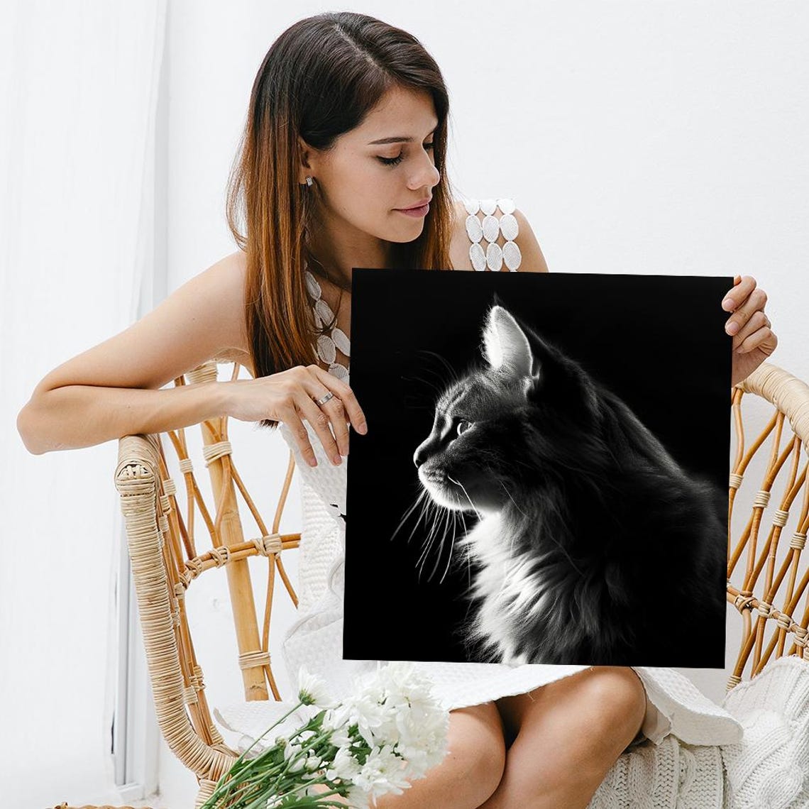 Dramatic Black White Cat Silhouette Profile Dark Wall Art Poster - Image 3