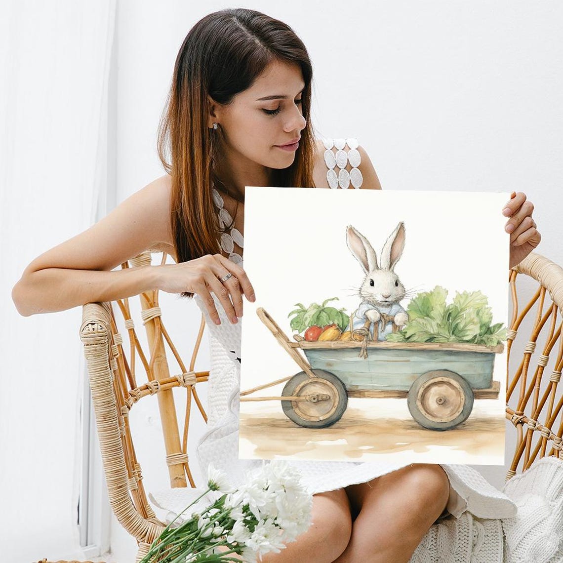 Watercolor Bunny Cart Vegetables Rustic Farmhouse Nursery Art Poster - Image 3