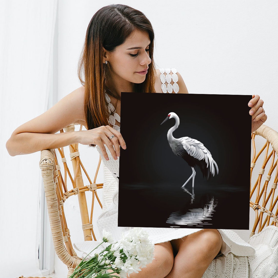White Heron In Dark Water Elegant Reflection Minimalist Bird Poster - Image 3