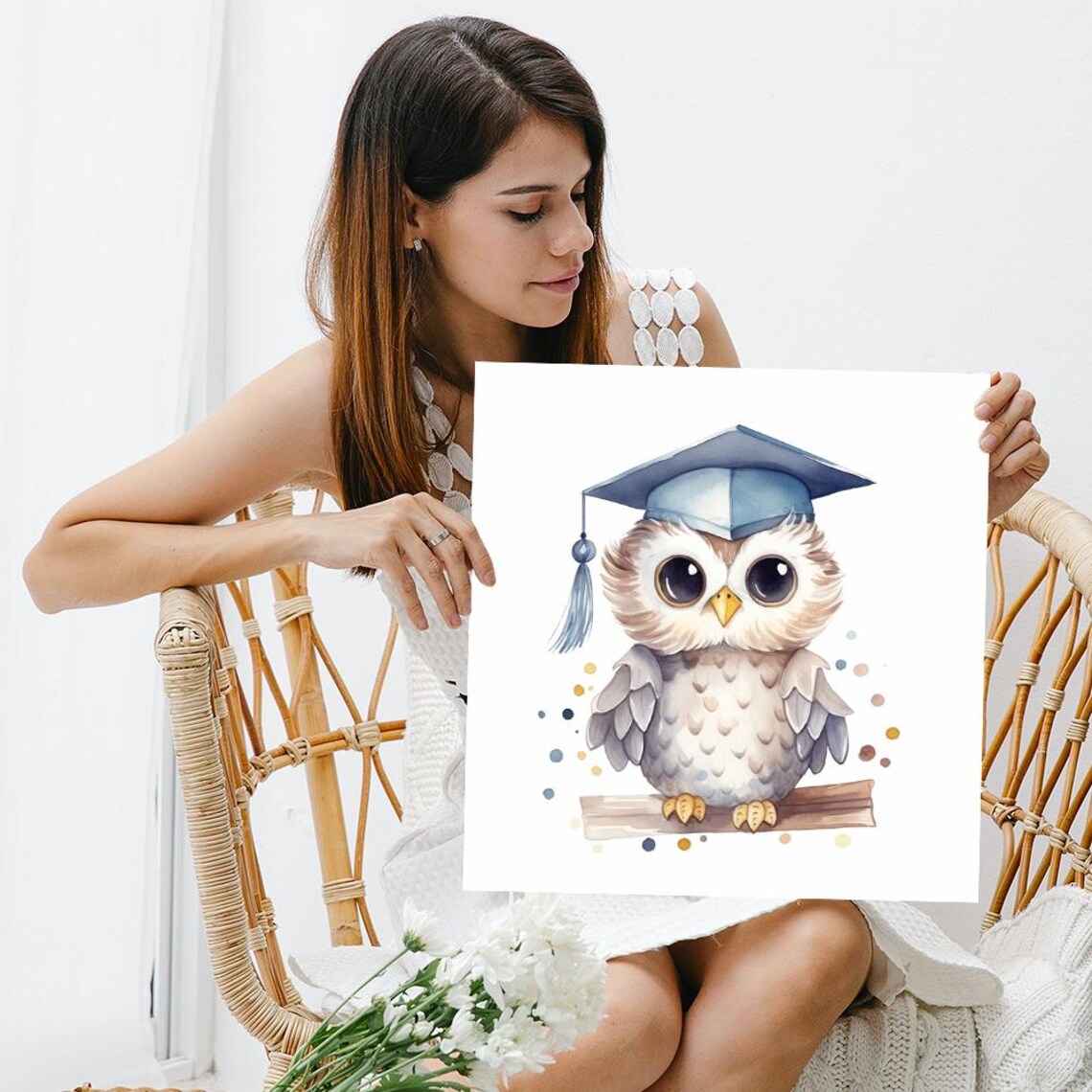 Baby Owl Graduation Cap Watercolor Cute Scholar Nursery Art Poster - Image 3