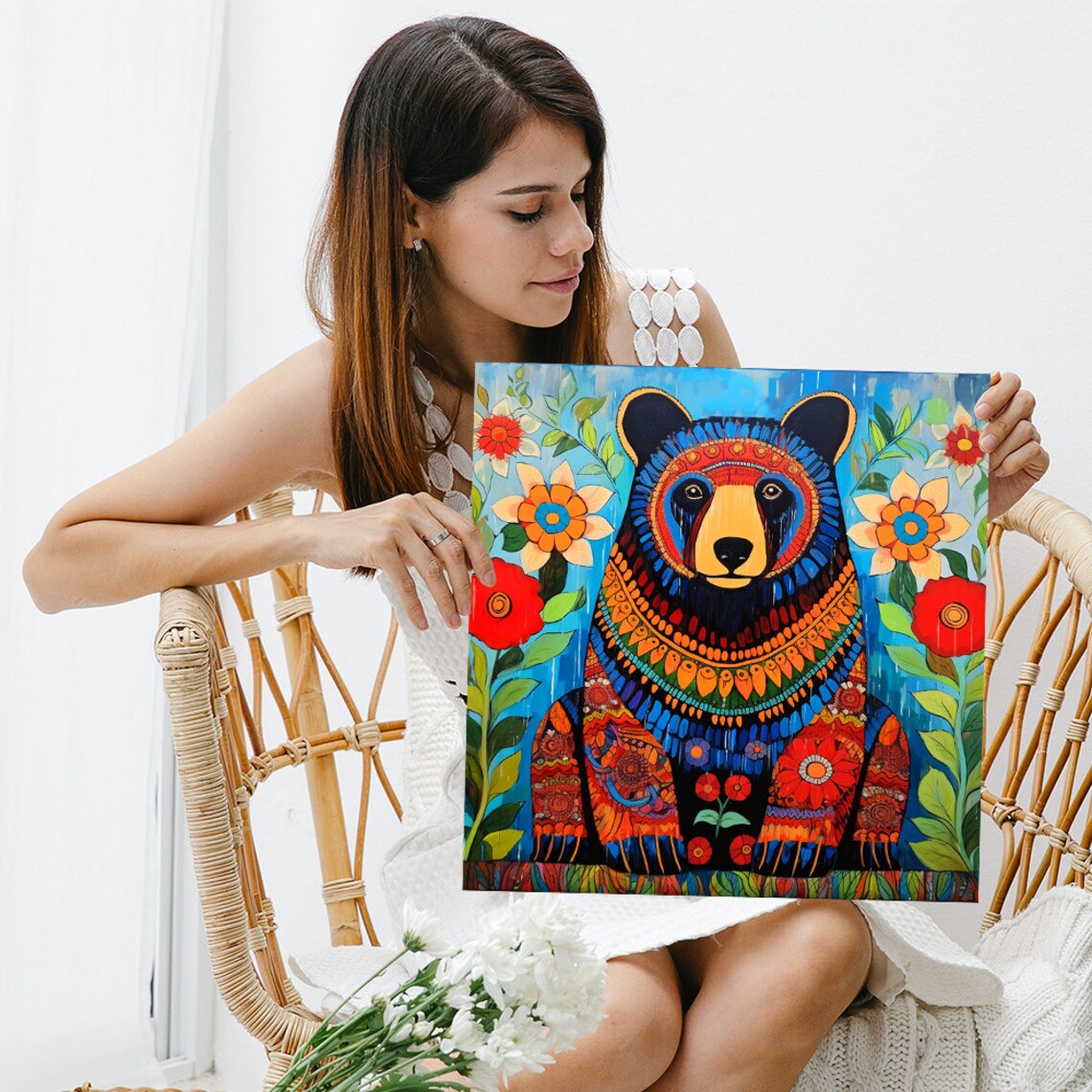 Floral Spirit Bear Bohemian Decor Wall Art Print - Image 3