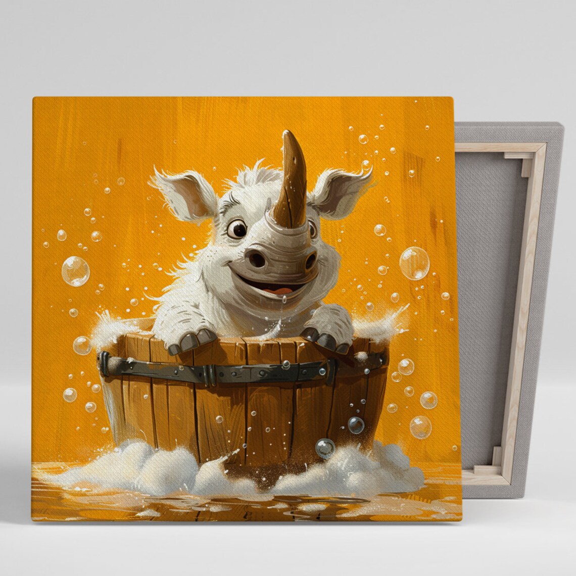 Cute Baby Rhino Bubble Bath Wooden Tub Cheerful Orange Poster
