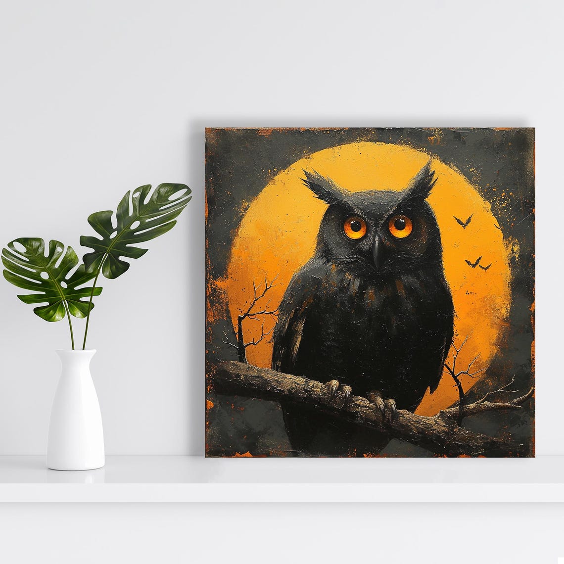 Black Owl On Branch Big Orange Moon Gothic Animal Wall Art Poster - Image 2