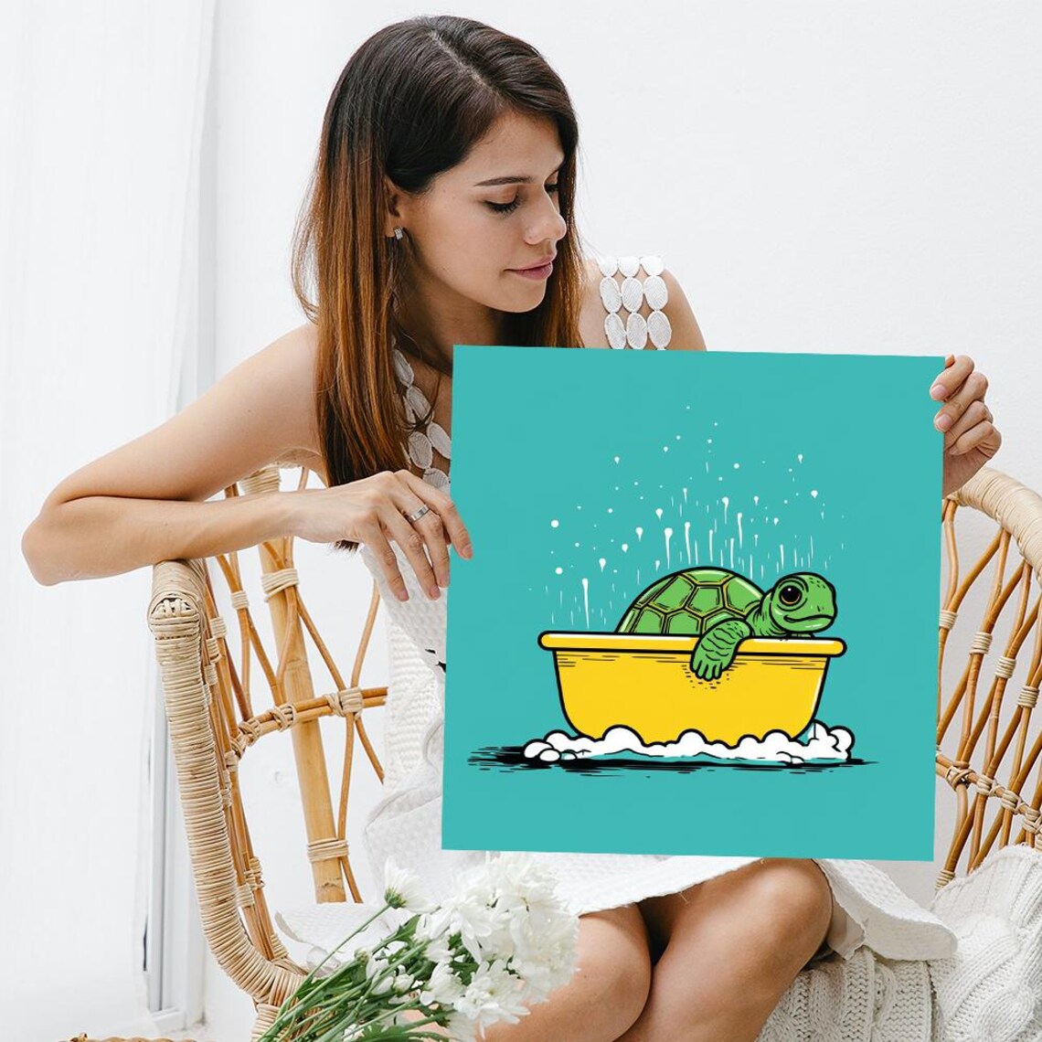 Cute Green Turtle Splashing In Yellow Bathtub Cartoon Wall Poster - Image 3
