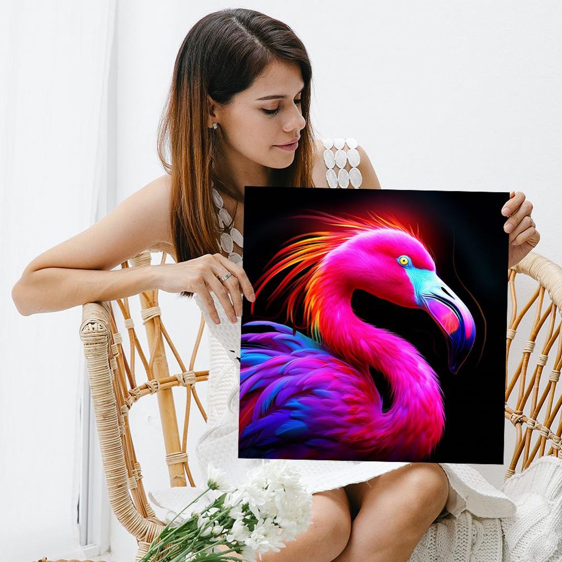 Neon Flamingo Portrait Vibrant Hot Pink Pop Art On Black Poster - Image 3