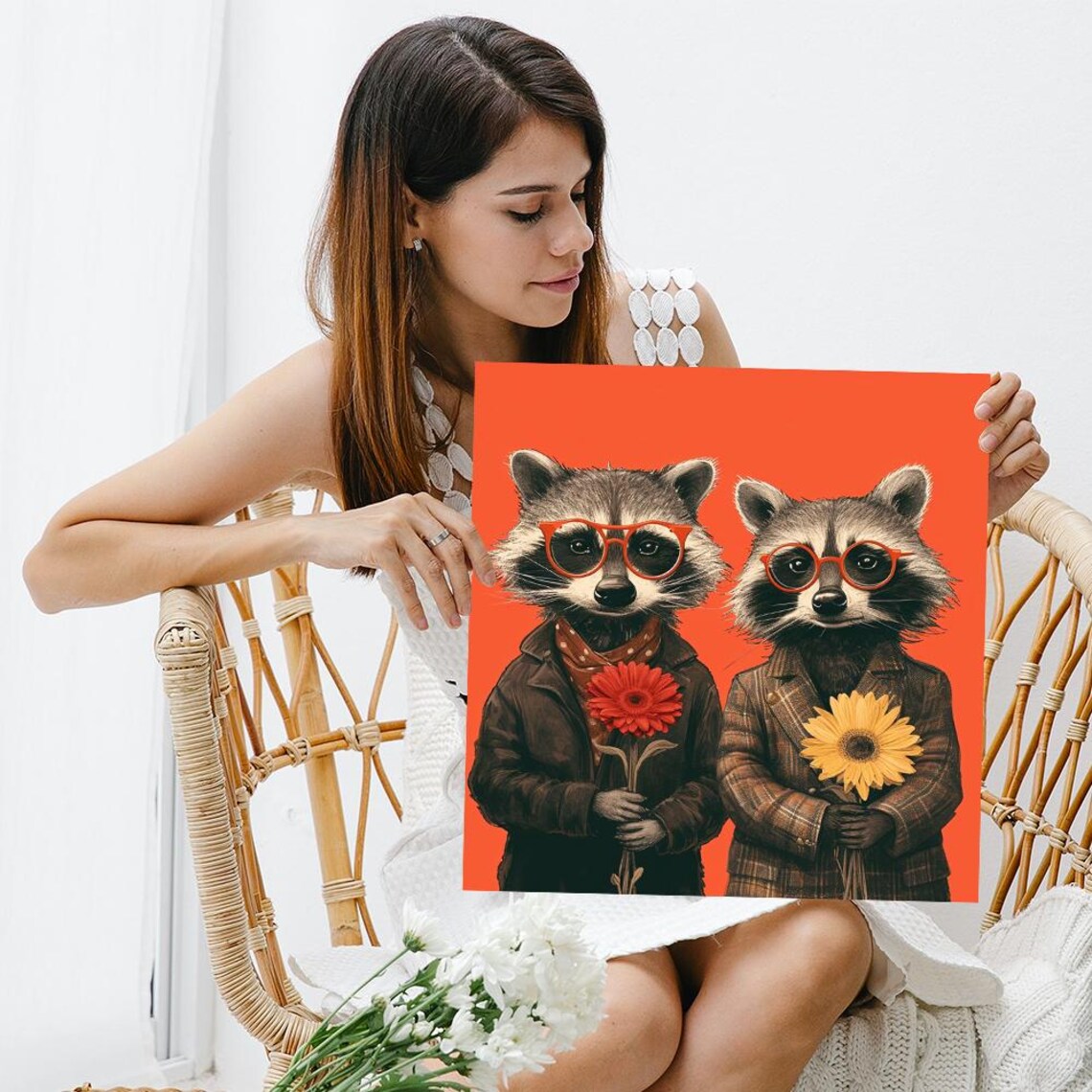 Hipster Raccoon Duo Red Glasses Flowers Jackets Fun Portrait Wall Art Print - Image 3