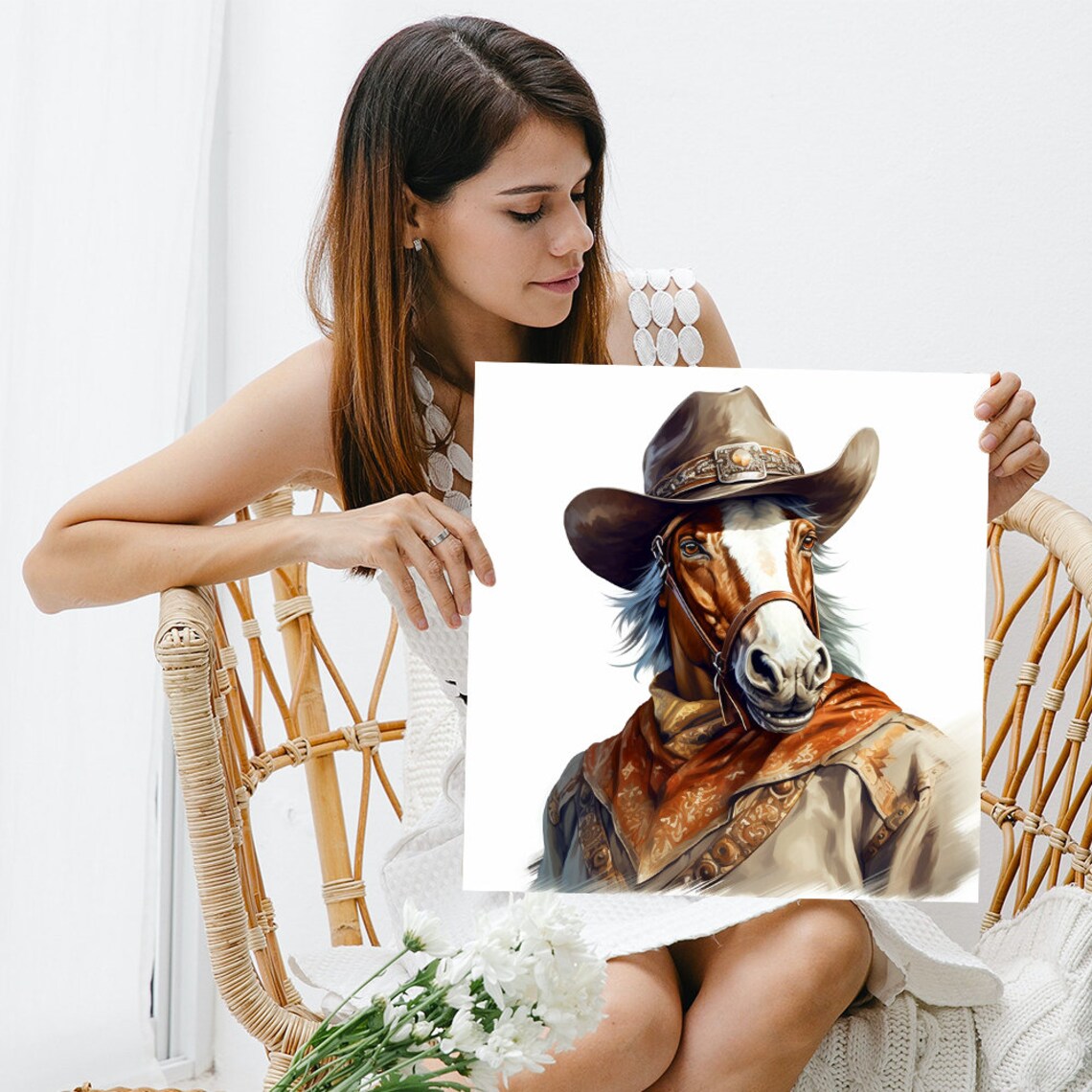 Cowboy Horse Portrait Hat Bandana Western Rustic Wall Art Poster - Image 3