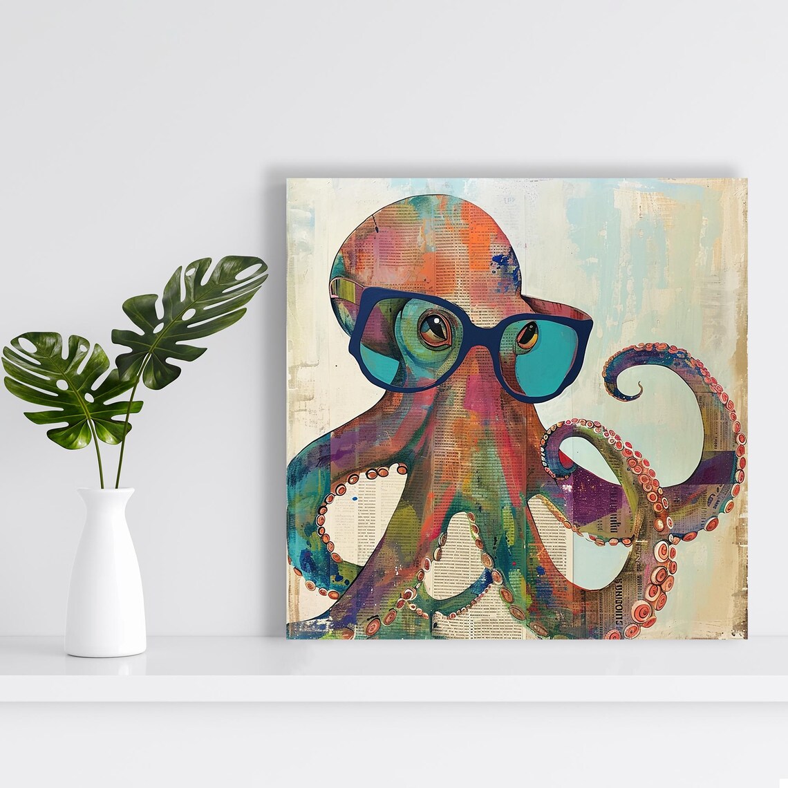 Octopus Wearing Blue Glasses Newspaper Collage Artsy Pop Art Poster - Image 2
