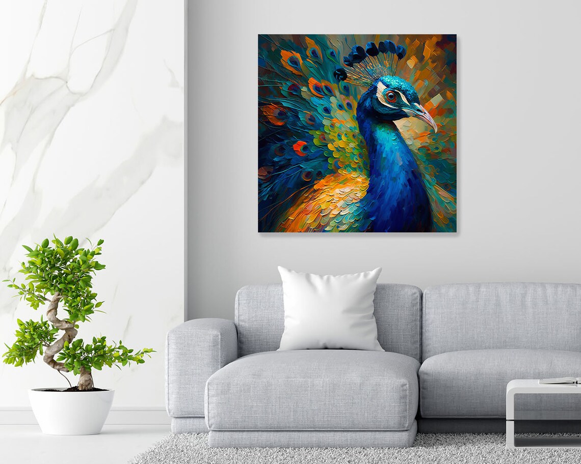 Golden Impasto Peacock Portrait Blue Plumage Warm Textured Art Poster - Image 4