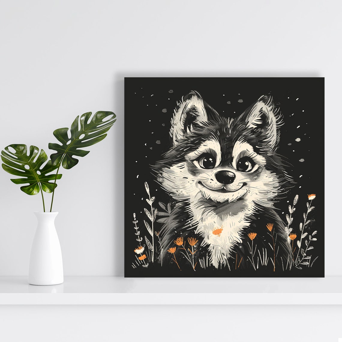 Cute Fox Pup Among Wildflowers Black Background Sketch Art Poster - Image 2