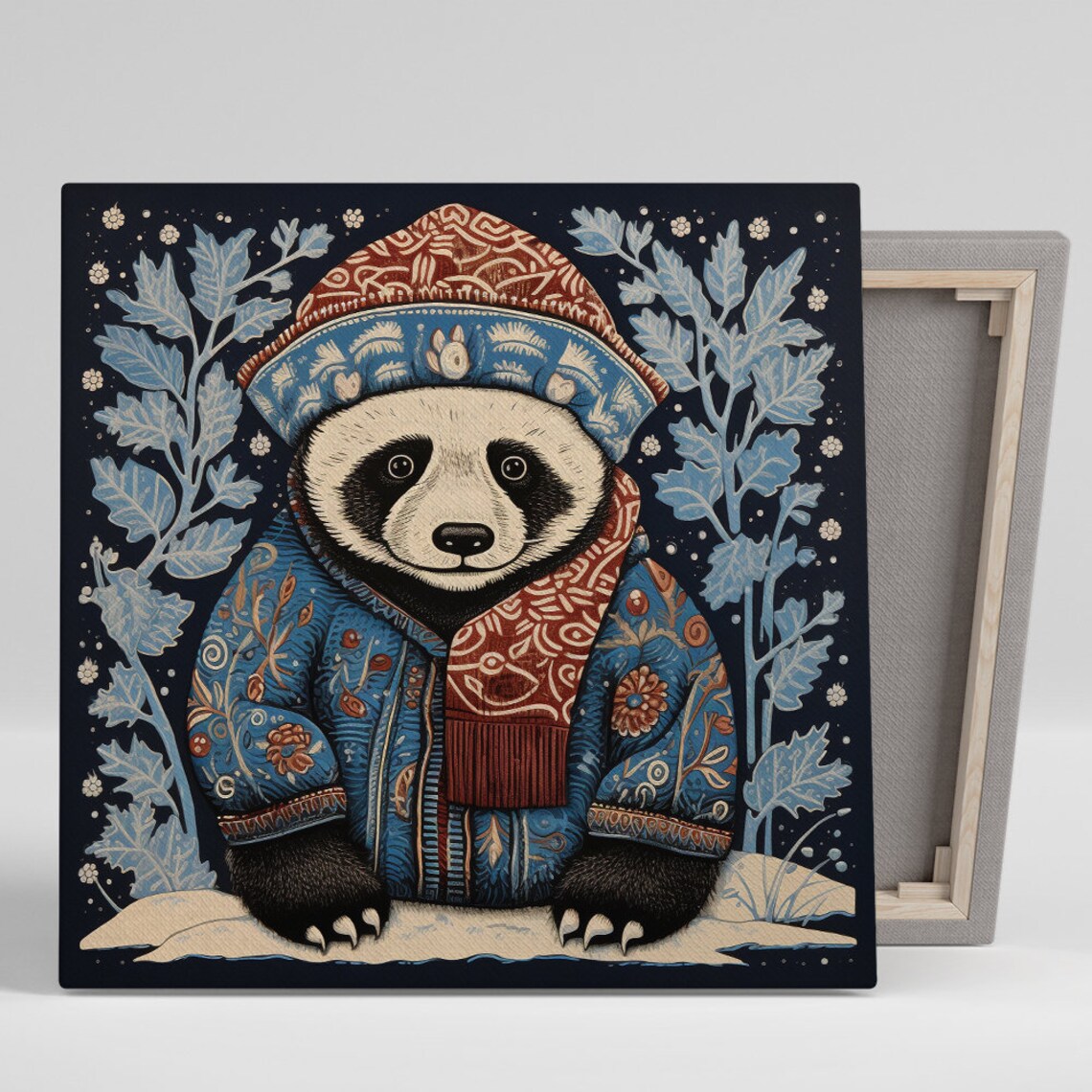 Cozy Winter Panda Folk Costume Snowy Blue Christmas Art Poster