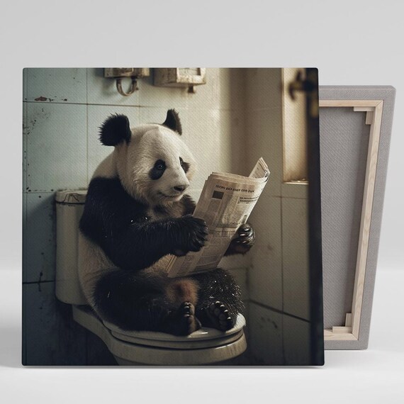 Panda Reading Newspaper On Toilet Funny Sepia Bathroom Humor Wall Poster