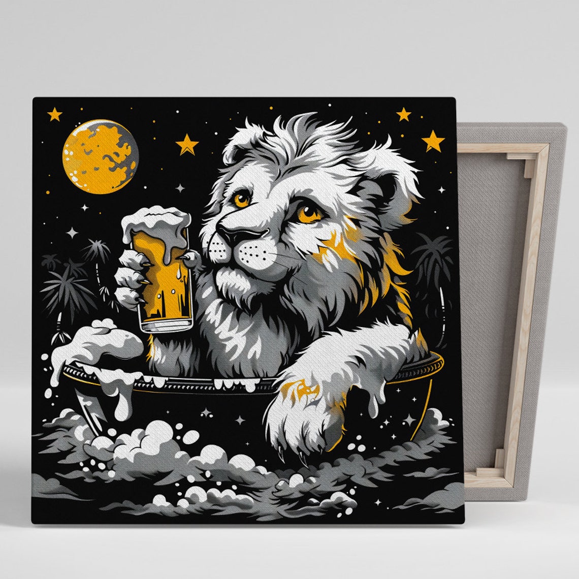 Lion In Bubble Bath With Beer Under Starry Night Fun Wall Poster