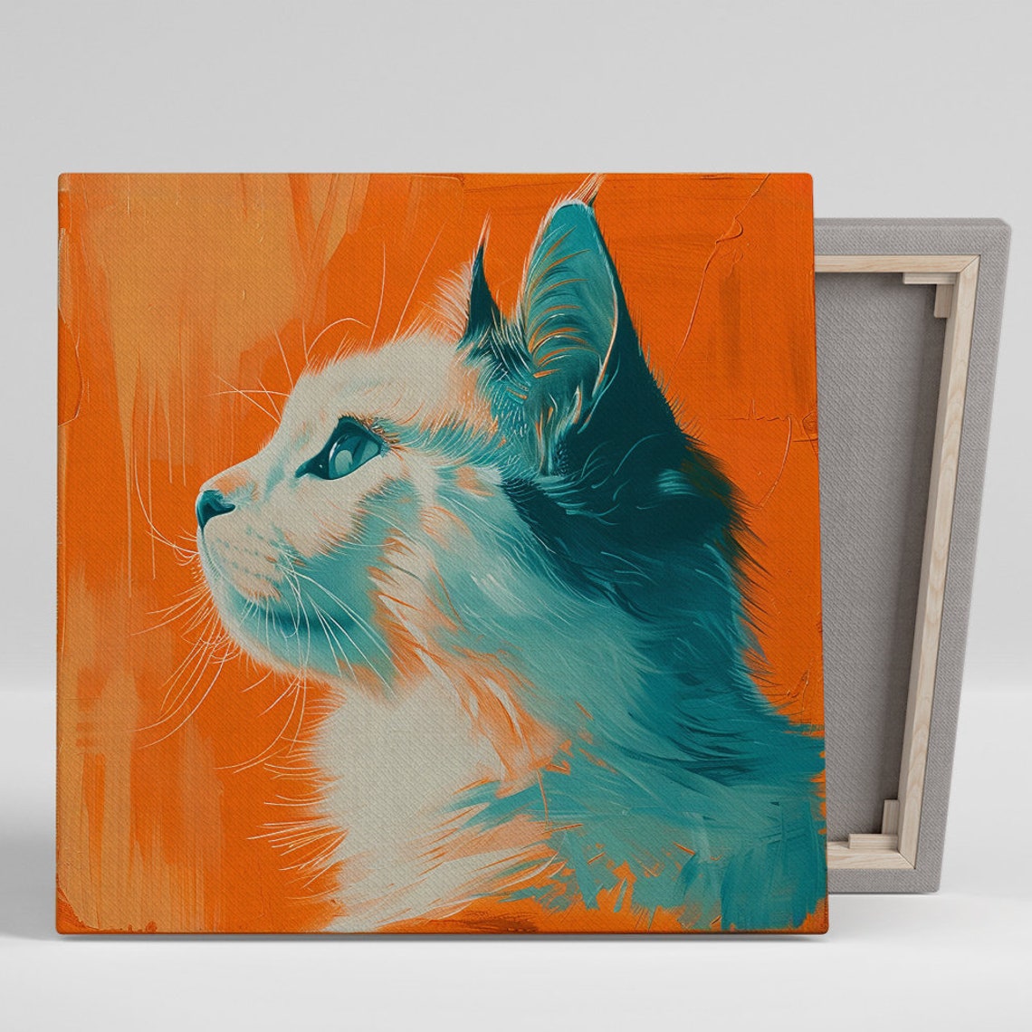 Teal Cat Profile On Bold Orange Pop Art Feline Portrait Poster