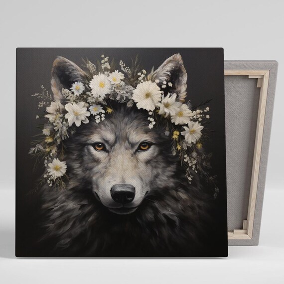 Grey Wolf Wearing Daisy Floral Crown Dark Moody Animal Portrait Poster
