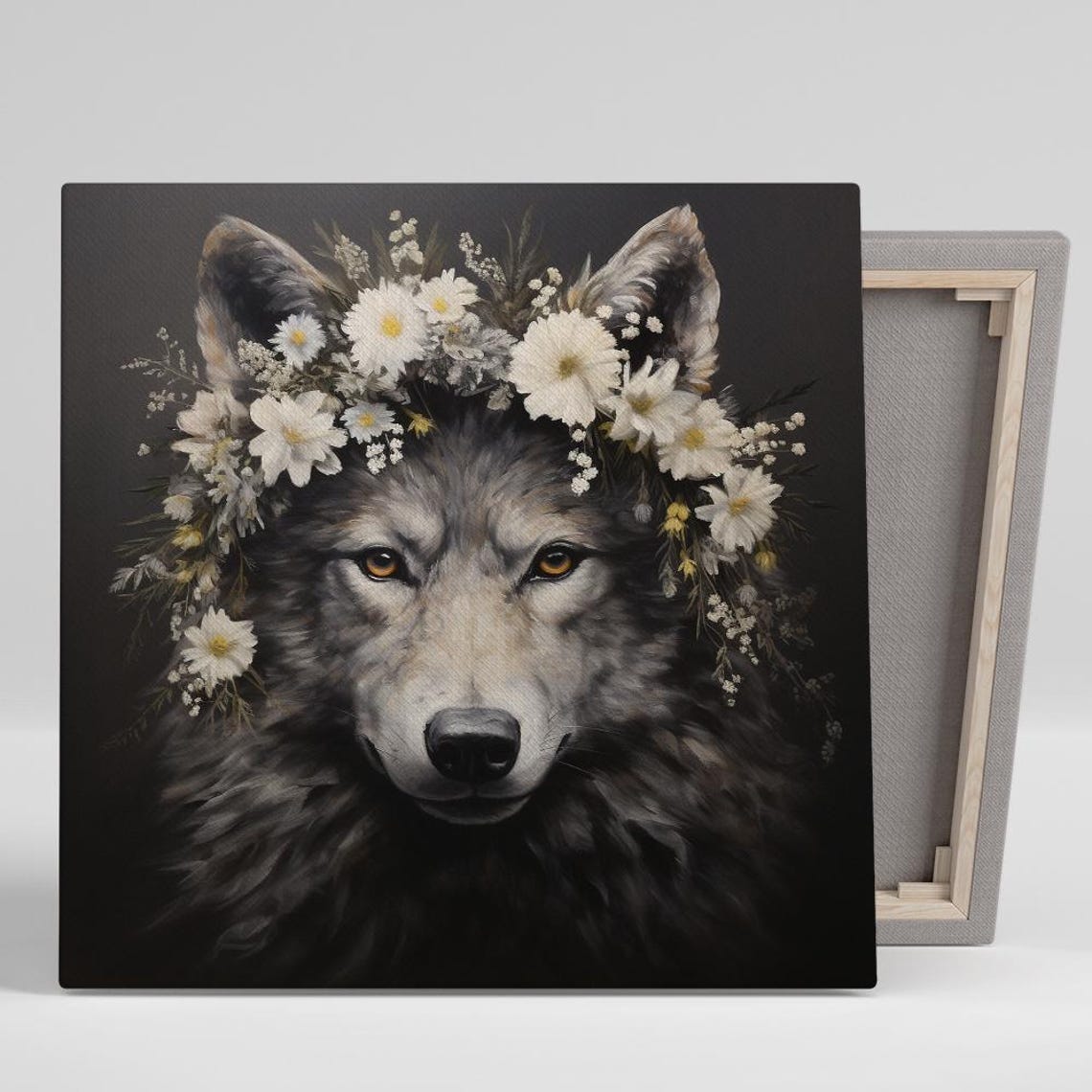 Grey Wolf Wearing Daisy Floral Crown Dark Moody Animal Portrait Poster