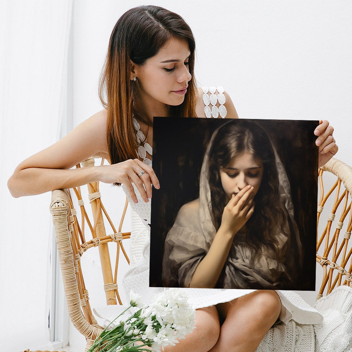 Classical Veiled Woman Hand To Mouth Dark Romantic Vintage Art Poster - Image 3