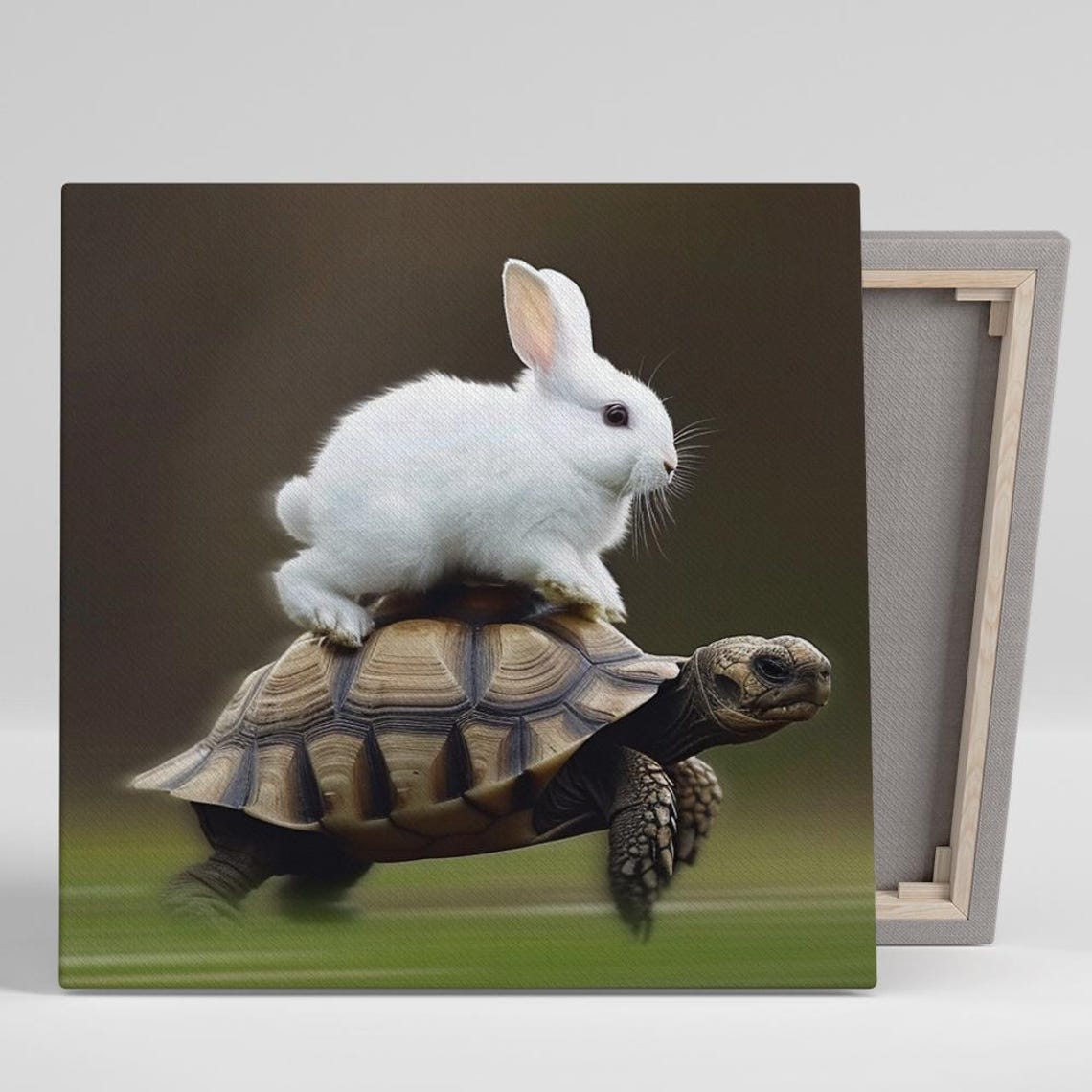 White Bunny Riding Tortoise Whimsical Fable Animal Friends Poster