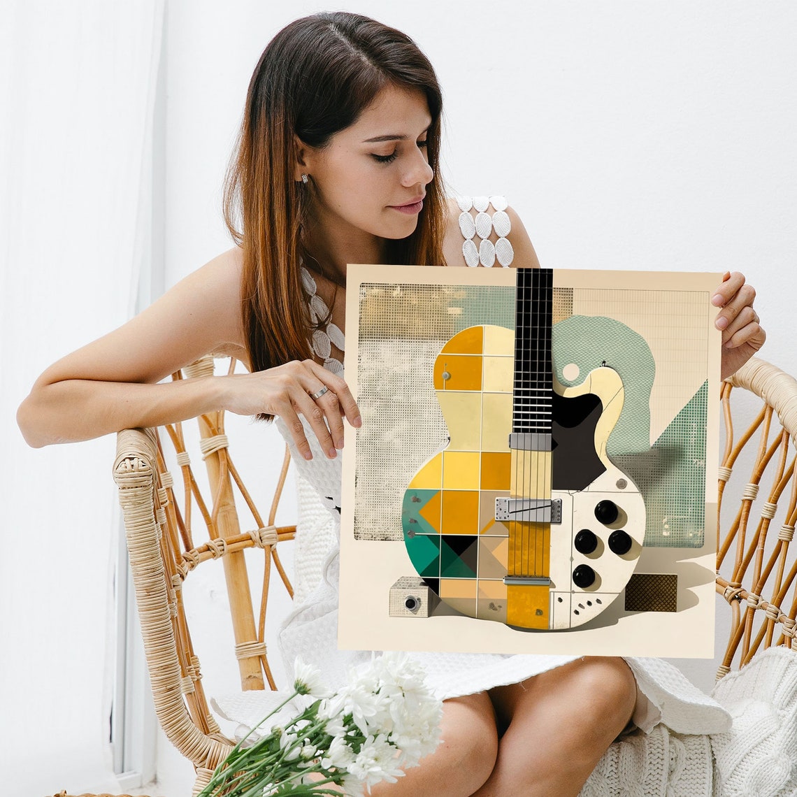 Geometric Collage Electric Guitar Mid Century Modern Music Art Poster - Image 3