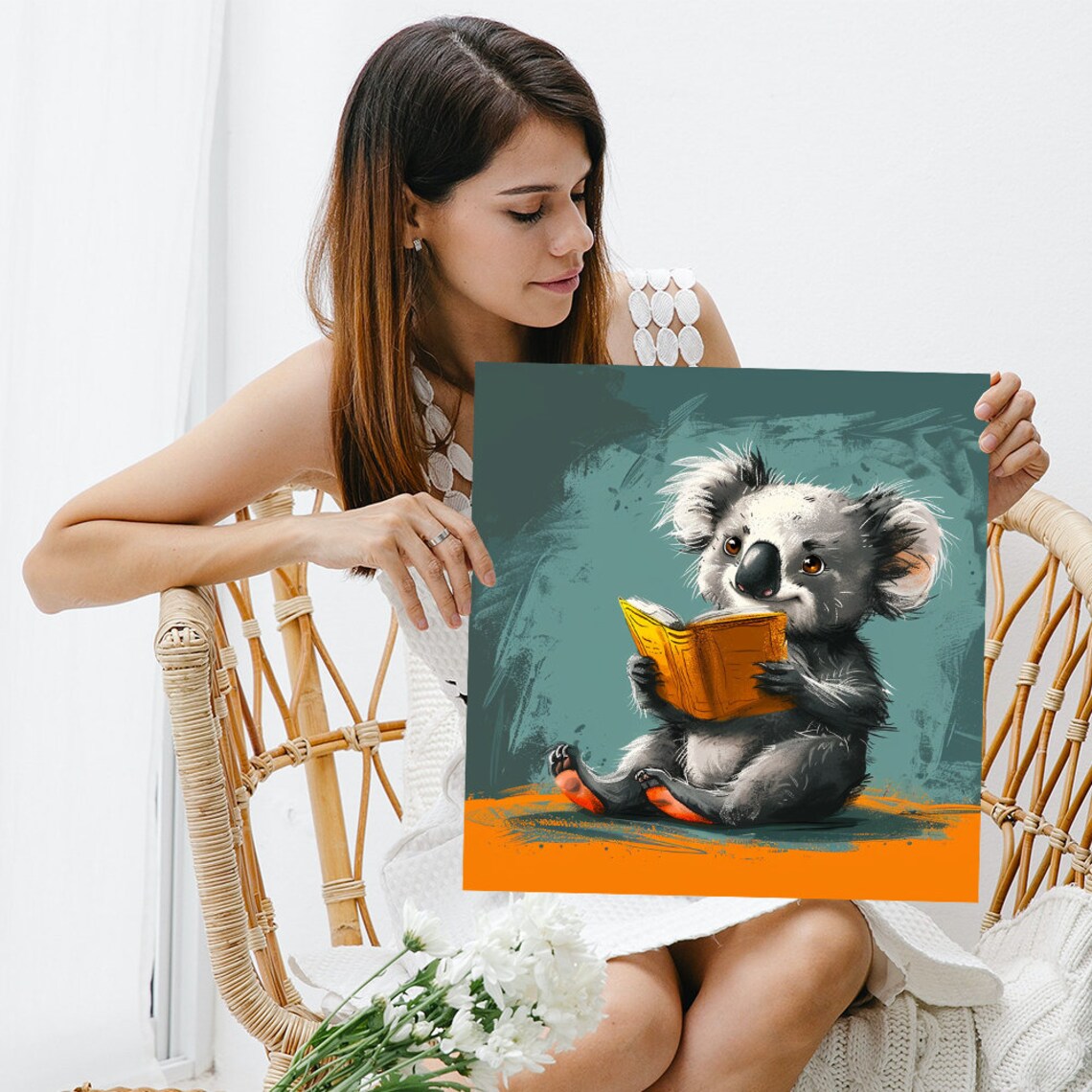 Baby Koala Reading Book Cute Teal Orange Nursery Whimsical Animal Poster - Image 3