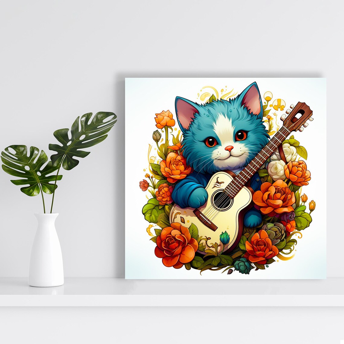 Kitten Guitarist Art Or Poster Whimsical Animal Music Decor Living Room Childrens Room Bedroom Office Wall Art Blue Orange Green - Image 2