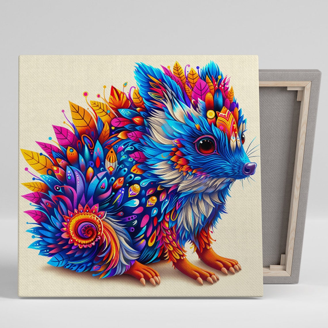 Kaleidoscopic Hedgehog Fantasy Feather Leaf Color Explosion Art Poster