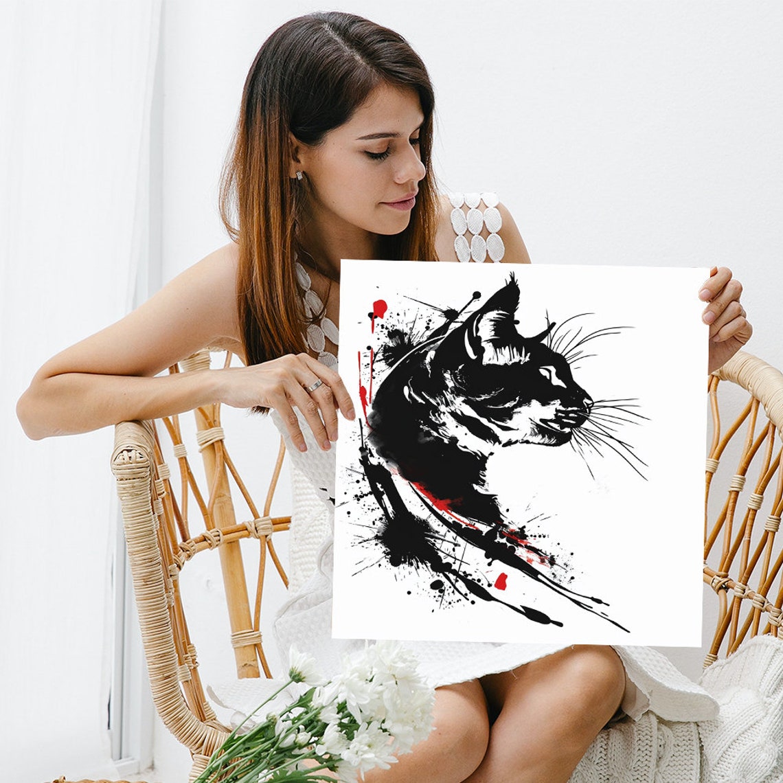 Black Ink Cat Profile Red Splatter Graffiti Urban Minimalist Wall Art - Image 3