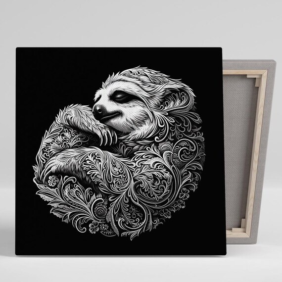 Ornate Sloth Black and White Filigree Intricate Sleepy Animal Poster