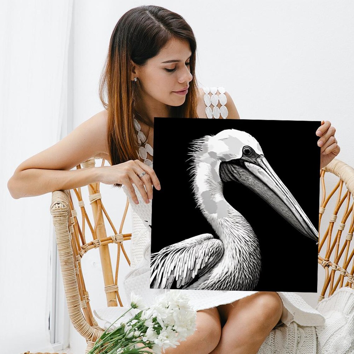Elegant Pelican Portrait Black White Coastal Bird Wall Art Poster - Image 3