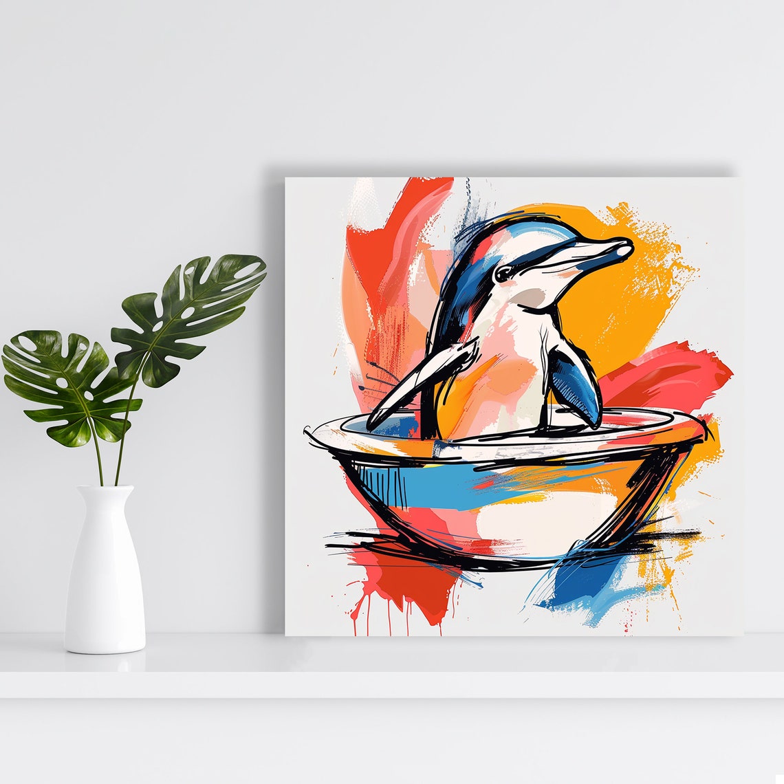 Dolphin in Bowl Poster Ink Watercolor Splash Colorful Marine Decor - Image 2