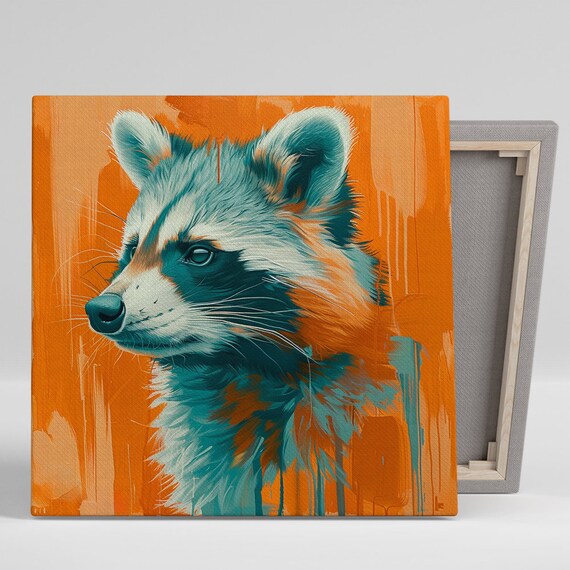 Raccoon Portrait Teal Fur Orange Background Modern Wildlife Art Poster