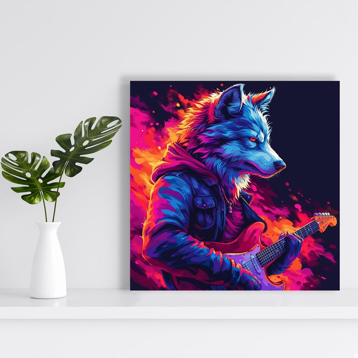 Neon Rockstar Wolf Playing Electric Guitar Pop Music Animal Poster - Image 2