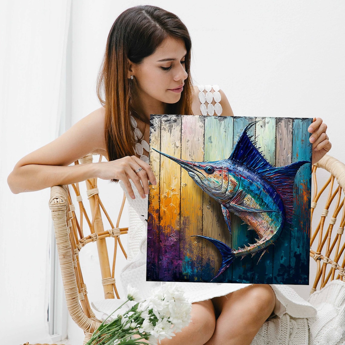 Colorful Sailfish On Weathered Wood Planks Coastal Nautical Art Poster - Image 3