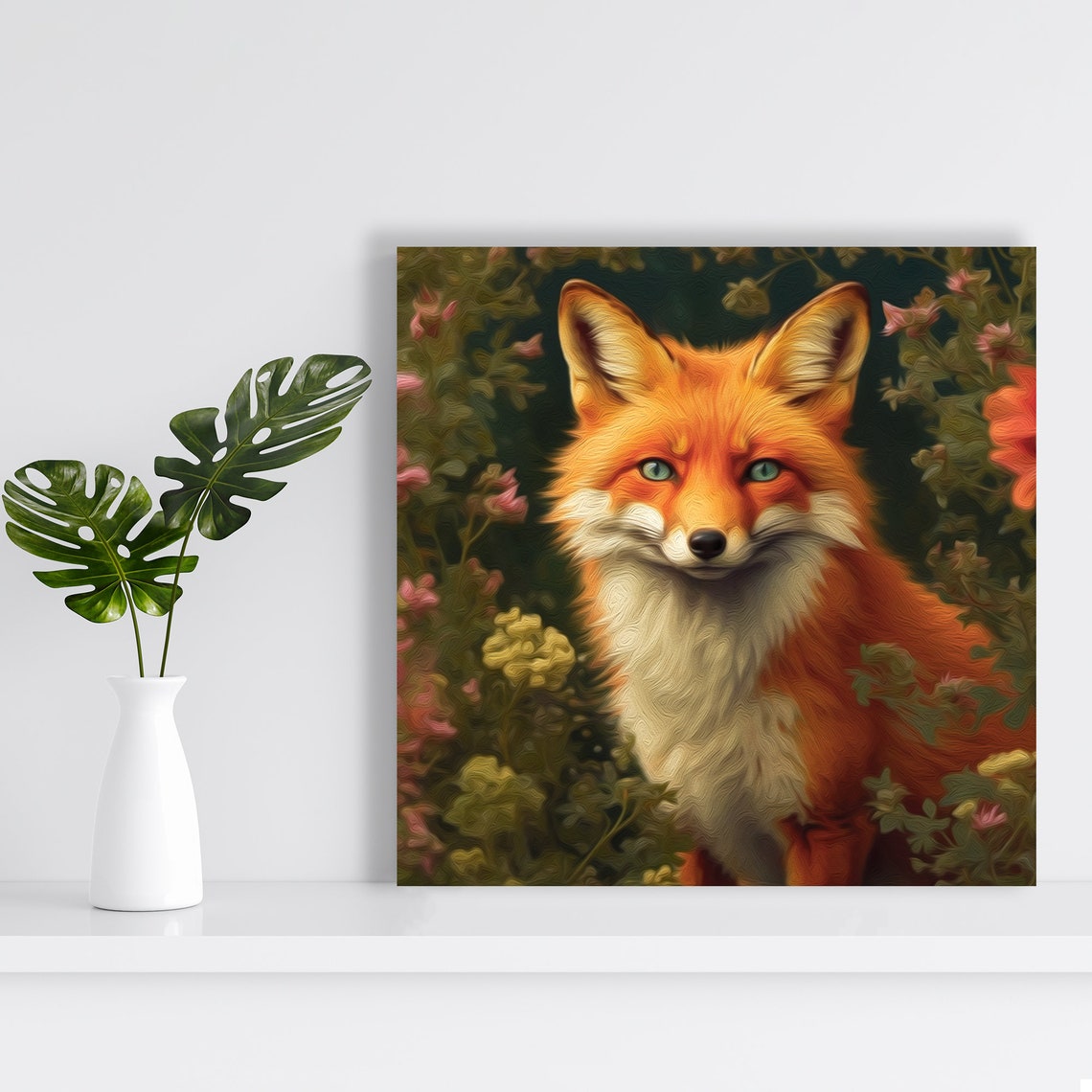 Red Fox Portrait Among Wildflowers Enchanted Forest Oil Wall Poster - Image 2