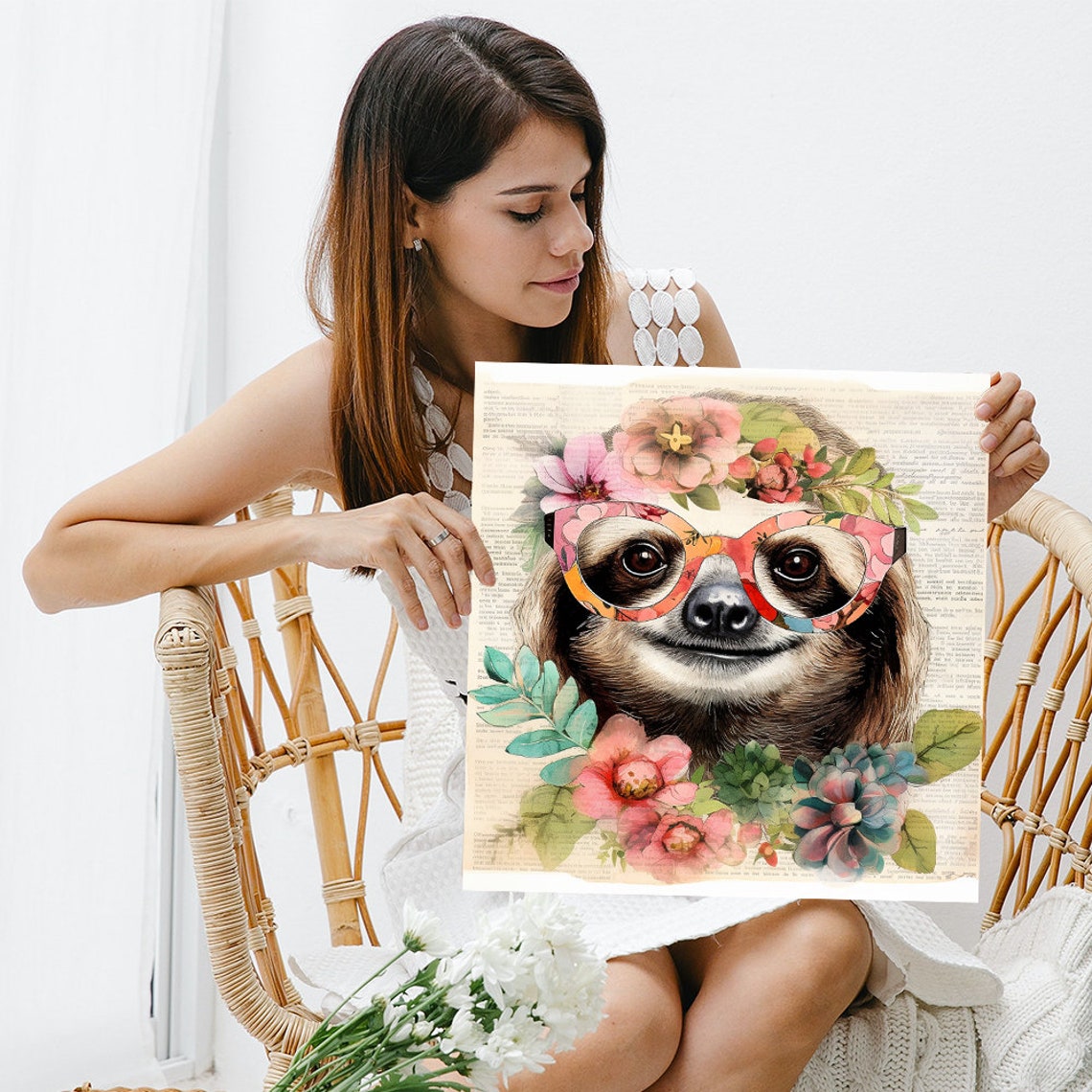 Smiling Sloth Floral Glasses Flower Crown Whimsical Nursery Poster - Image 3