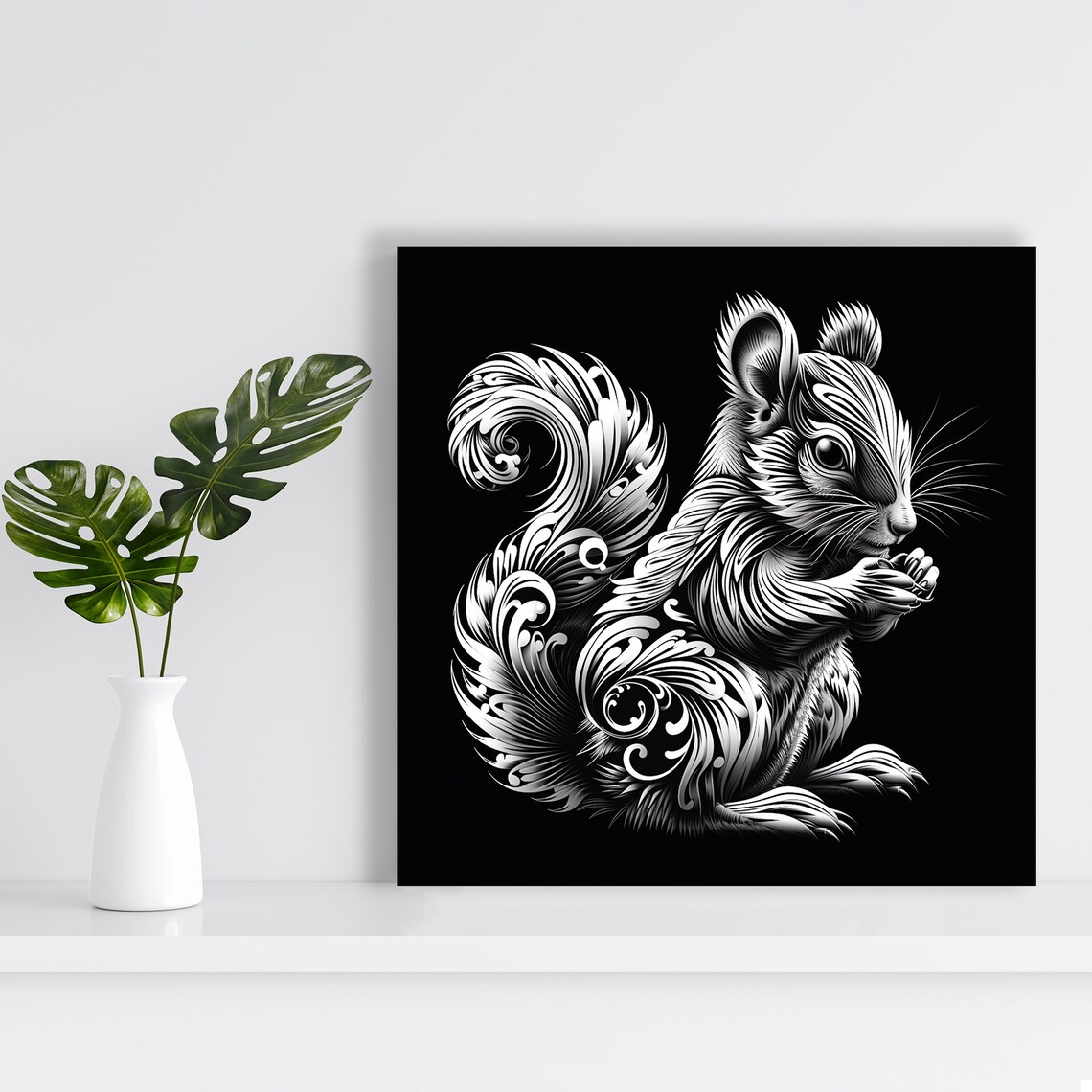 Squirrel Whimsical Nature Art Print, Black White - Image 2