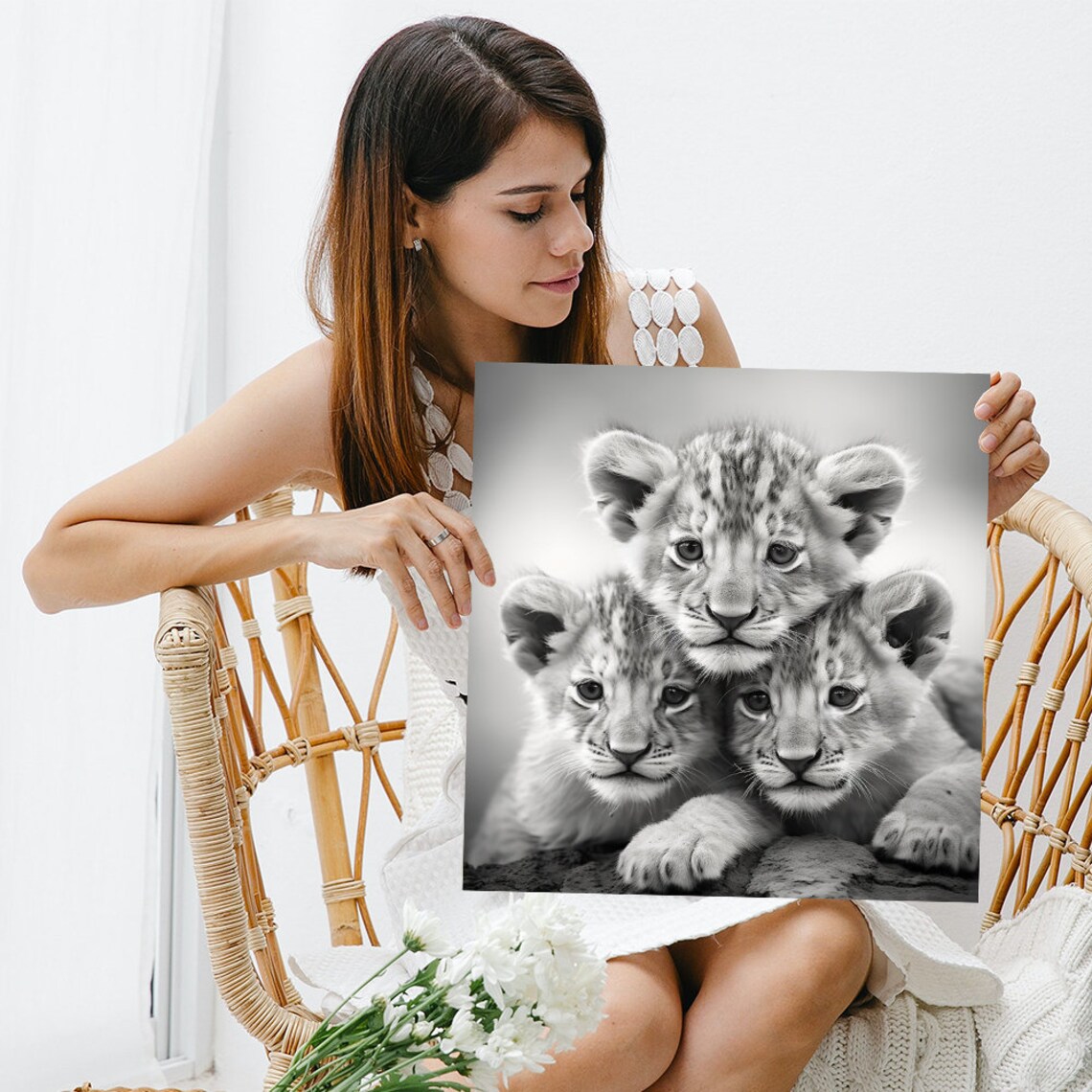 Lion Cubs Trio, Modern Black White Grey Art Print - Image 3