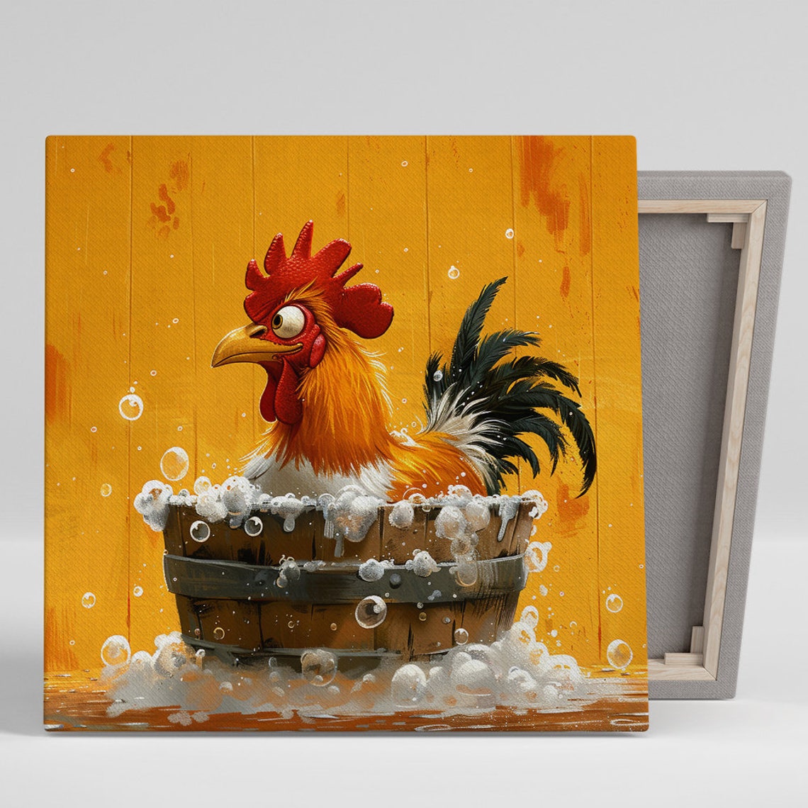 Rooster Bubble Bath Wooden Barrel Funny Farmhouse Bathroom Poster