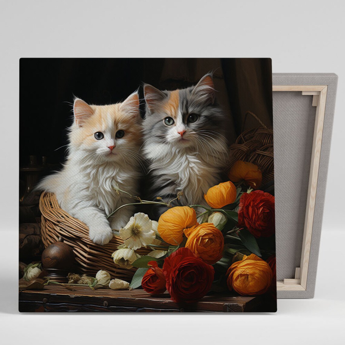 Two Cats With Flowers, Botanical Cat Art Print