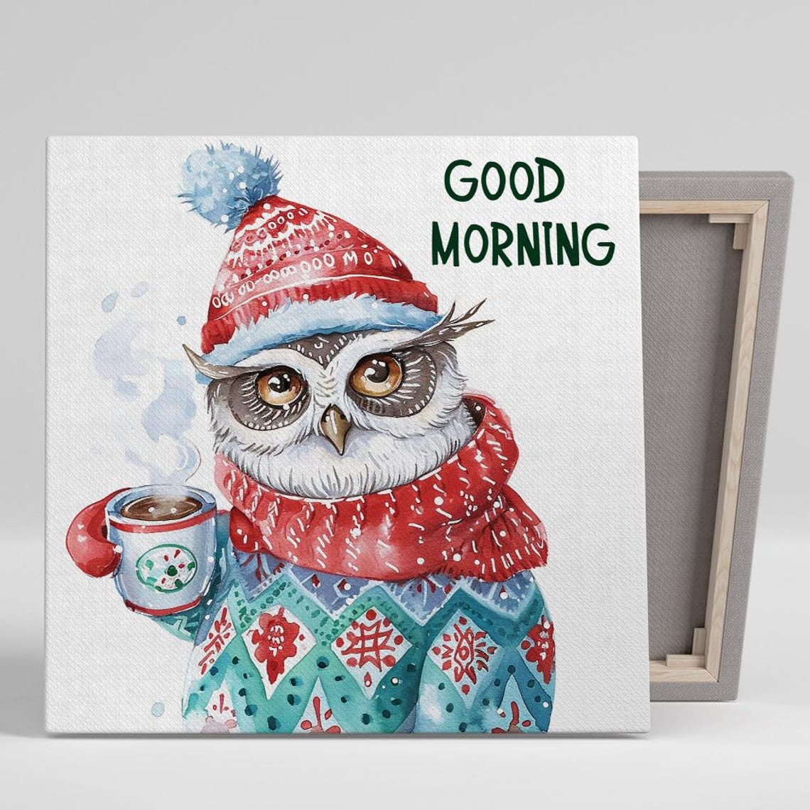 Cozy Winter Owl With Coffee Good Morning Watercolor Art Poster
