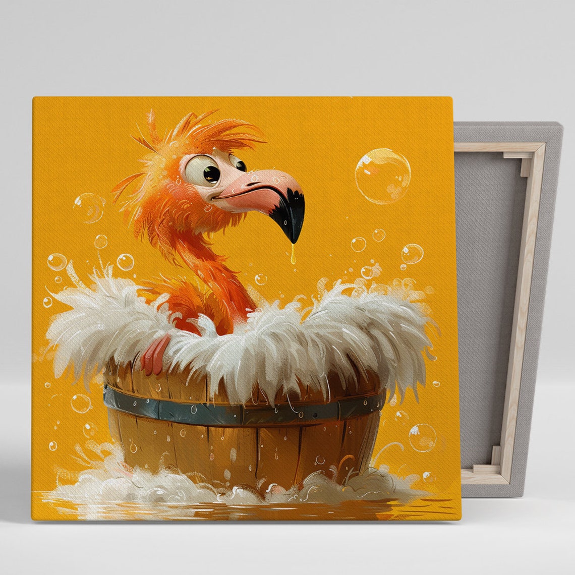Flamingo Bath Tub Poster Bubbles Cute Cartoon Nursery Animal Decor