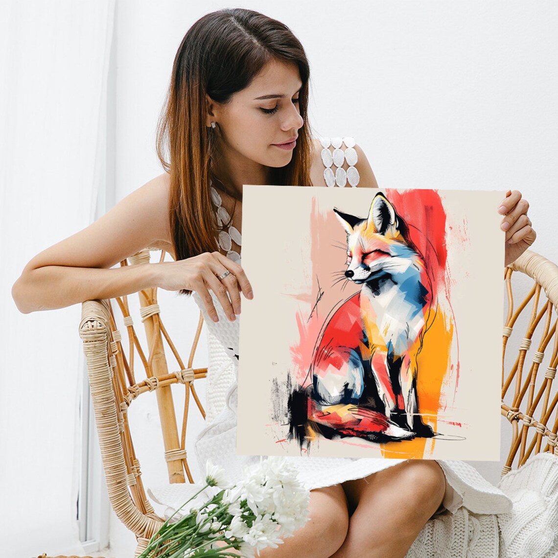 Sleeping Fox Watercolor Red Blue Yellow Brushstroke Modern Animal Poster - Image 3