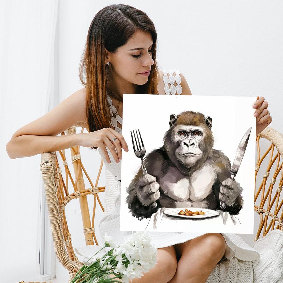 Hungry Gorilla With Fork And Knife Funny Dinner Table Animal Poster - Image 3