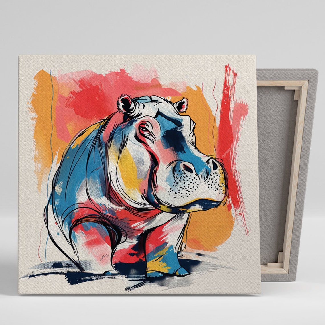 Colorful Hippo Watercolor Sketch Blue Pink Orange Wash Art Poster