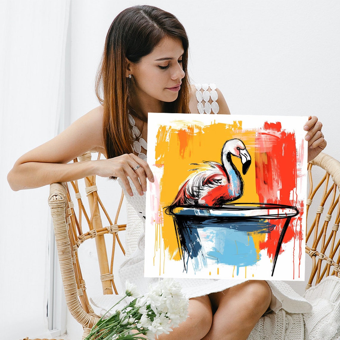 Flamingo Bathing Blue Tub Orange Splash Whimsical Bathroom Wall Poster - Image 3