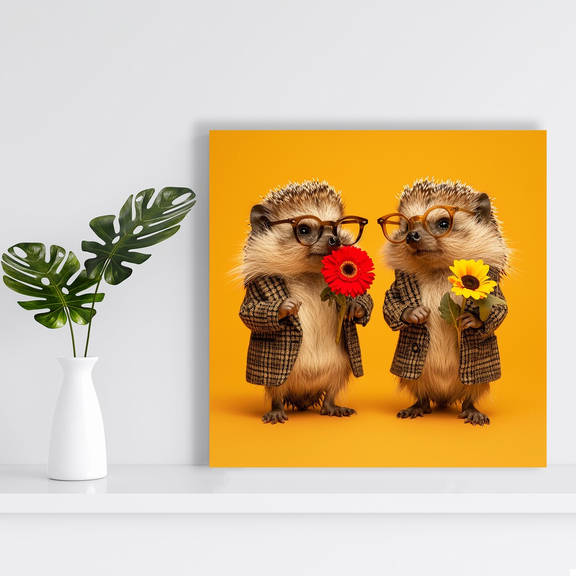 Dapper Hedgehog Duo In Glasses Holding Flowers Orange Background Poster - Image 2