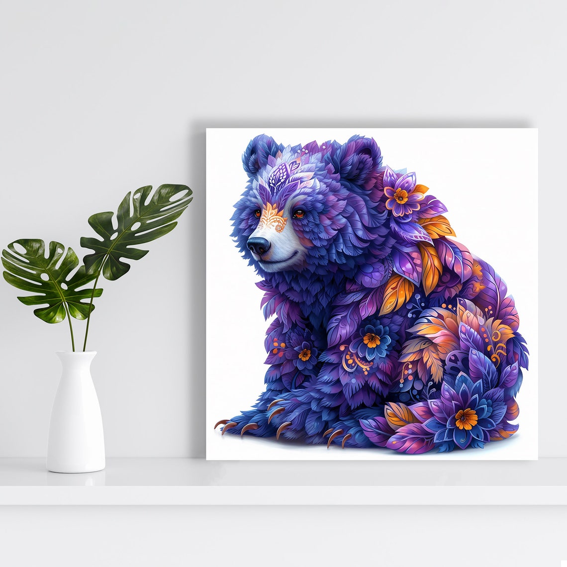 Floral Fantasy Bear Portrait Purple Blue Bloom Design Art Poster - Image 2