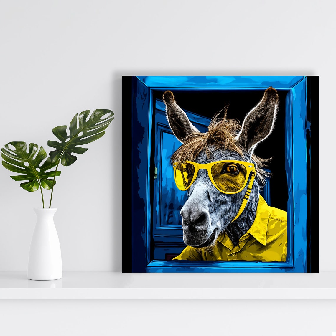 Donkey in Yellow Sunglasses Blue Window Frame Fun Pop Poster - Image 2