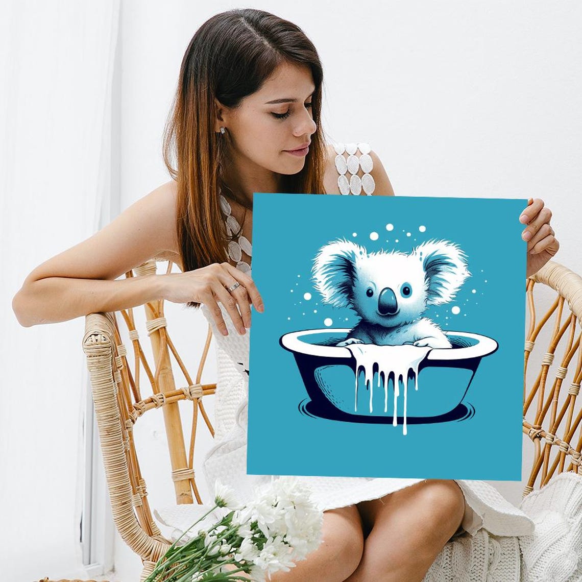 Bathing Koala Bubble Bath Cute Whimsical Teal Blue Wall Art Poster - Image 3